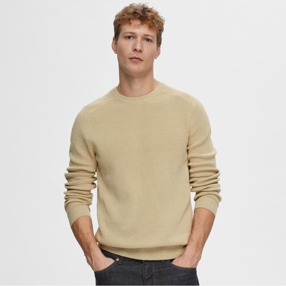 Selected Homme Ribbed Cream Organic Cotton Crewneck Pullover in size L - Picture 1 of 8